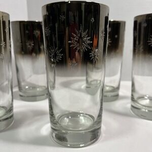 5 MCM Vitreon Queens Atomic Starburst Lusterware Highball Glasses Silver Fade
